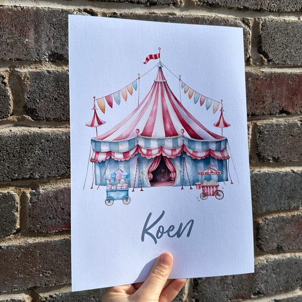 Personalised Name Circus Tent Candy Floss Popcorn Watercolour Children's Room Wall Decor Print