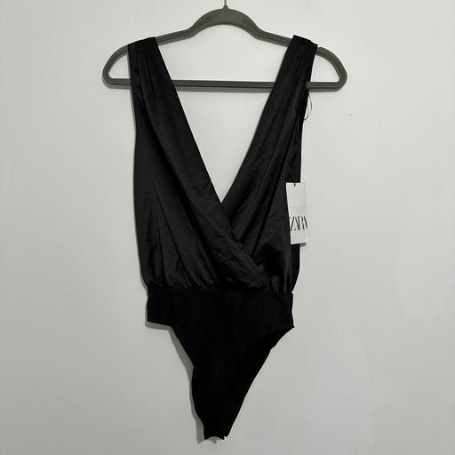 Zara Black Bodysuit Blouse Size S Small Sleeveless Polyester Plunge