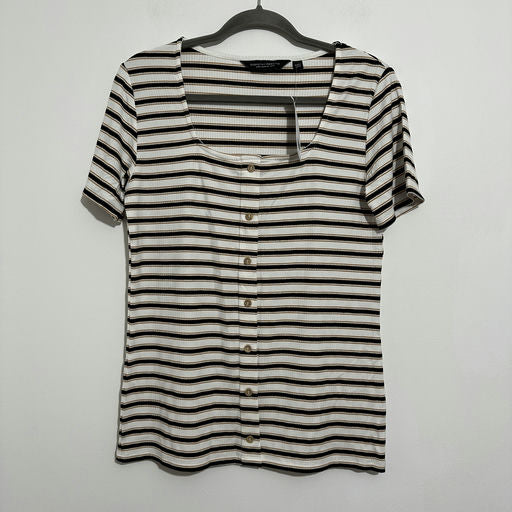 Dorothy Perkins Black Striped Top T-Shirt Size 14 Viscose Short Sleeve