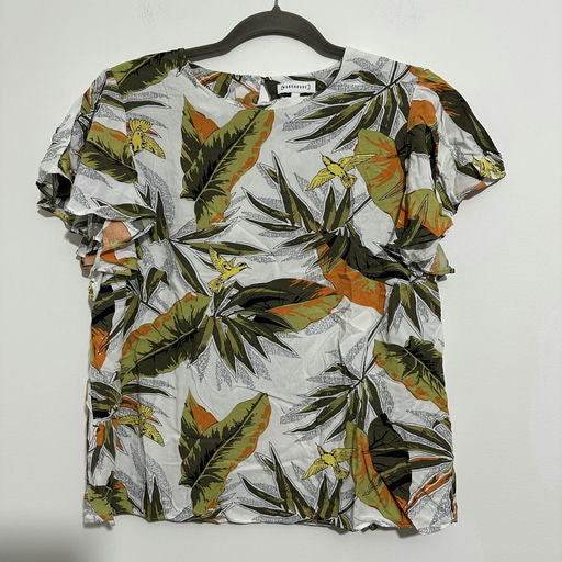 Warehouse Ladies Top T-Shirt Multicoloured Size 14 Viscose Short Sleeve Frill Ar