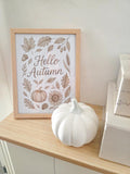 Hello Autumn Neutral Wall Art – Pumpkin, Sunflower & Fall Leaves Print in Minimalist Farmhouse Style