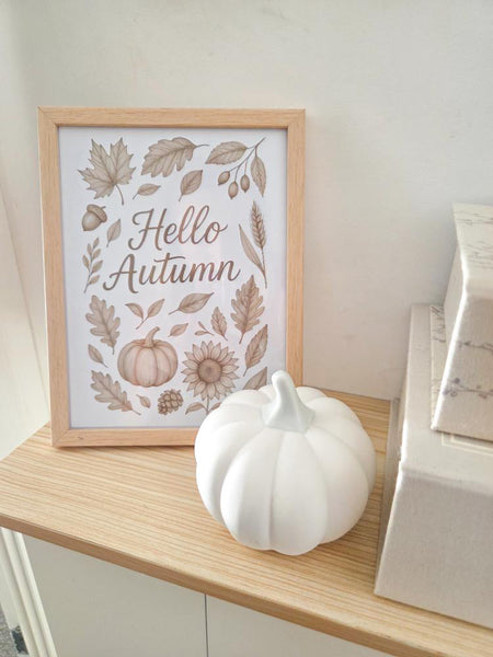 Hello Autumn Neutral Wall Art – Pumpkin, Sunflower & Fall Leaves Print in Minimalist Farmhouse Style