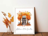 Autumn At The "Surname" Watercolour Leaves Front Door 2023 Seasonal Wall Home Decor Print