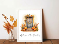Autumn At The "Surname" Watercolour Pumpkins Front Door 2023 Seasonal Wall Home Decor Print