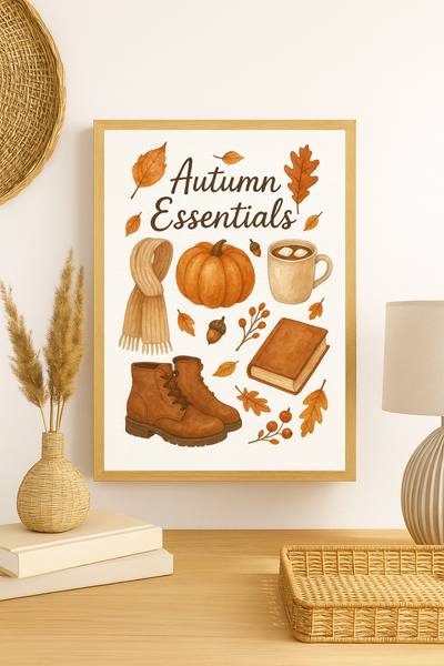 Autumn Essentials Wall Art – Cozy Fall Decor with Pumpkin, Coffee, Scarf & Boots
