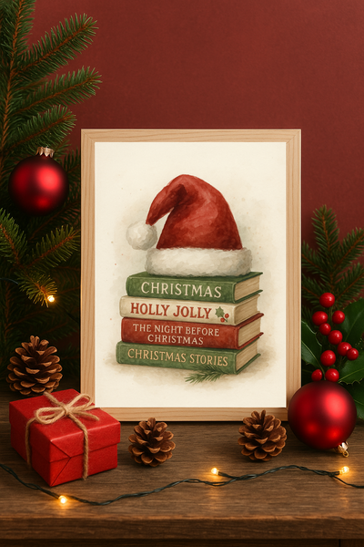 Christmas Storybook Wall Art – Santa Hat & Holiday Books Print