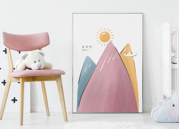 Cloud Sun & Mountain Illustration Nursery Children's Room Wall Decor Print