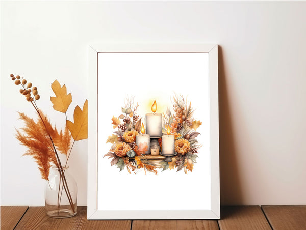 Cosy Watercolour Autumn Candles 2023 Seasonal Wall Home Decor Print