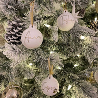 Set Of 3 Personalised Single Name Festive Satin Ribbon Christmas Ceramic White 6cm Baubles