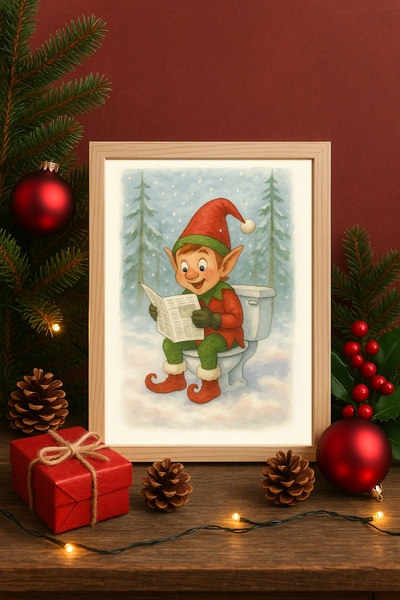 Funny Christmas Elf Toilet Wall Art – Cartoon Holiday Bathroom Humor Print