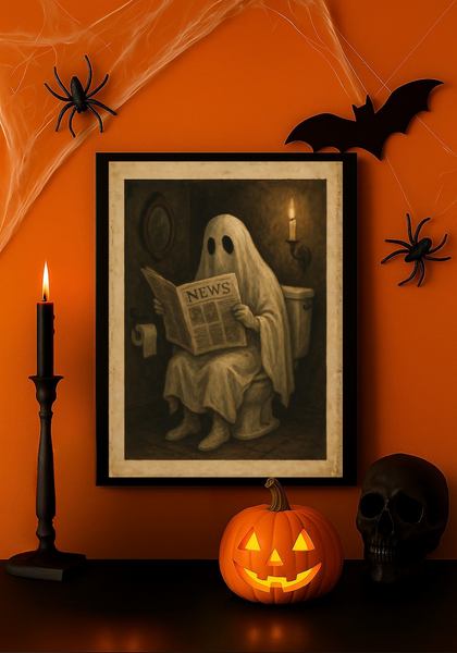 Funny Ghost on Toilet Reading Newspaper – Spooky Vintage Halloween Wall Art Print