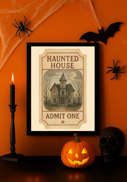 Haunted House Ticket Wall Art – Vintage Halloween Print Décor