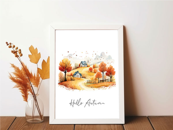 Hello Autumn Watercolour Scene 2023 Seasonal Wall Home Decor Print