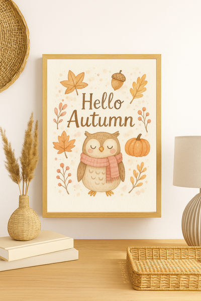 Hello Autumn – Cosy Owl Wall Art with Fall Leaves & Pumpkin