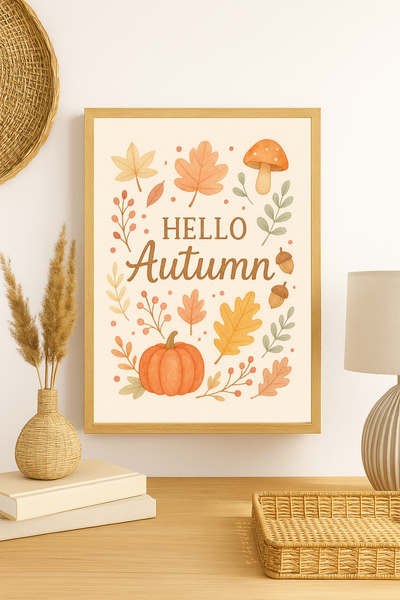 Hello Autumn – Cosy Seasonal Wall Art with Pumpkin & Fall Leaves