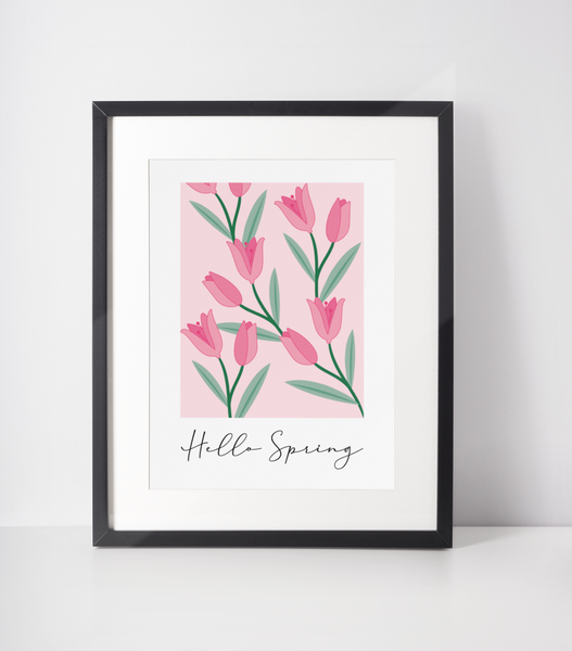 Hello Spring Tulips Pink 2024 Spring Easter Seasonal Wall Home Decor Print