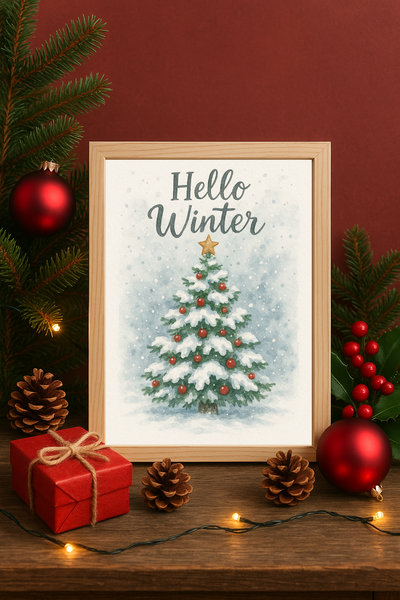 Hello Winter Wall Art – Snowy Christmas Tree Holiday Print