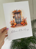 Autumn At The "Surname" Watercolour Pumpkins Front Door 2023 Seasonal Wall Home Decor Print