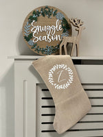 Personalised Initial Leaf Wreath Natural Hessian Christmas Stocking