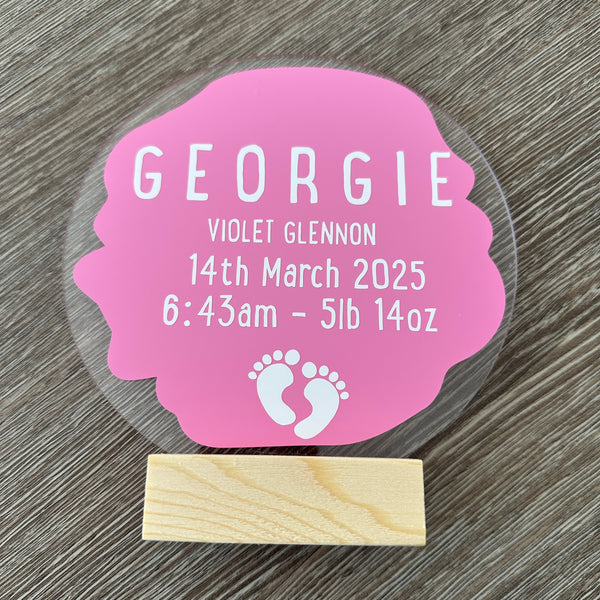 New Baby Personalised Gift Acrylic Plaque Sign With Wooden Base