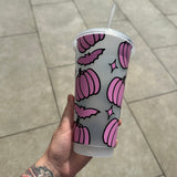 Autumn Halloween Pumpkin Bat Print Tumbler Venti Cold Cup 24oz - With Straw
