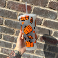 Autumn Leaves Heart Print Tumbler Venti Cold Cup 24oz - With Straw