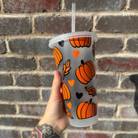 Autumn Leaves Heart Print Tumbler Venti Cold Cup 24oz - With Straw
