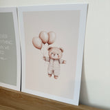 Bedtime Bear With Balloons Watercolour Nursery Children's Boho Netural Room Wall Decor Print