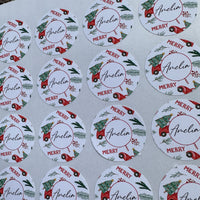 Sheet Of 24 Personalised Name Merry Trees & Cars Christmas Present Stickers Gift Labels Christmas stickers