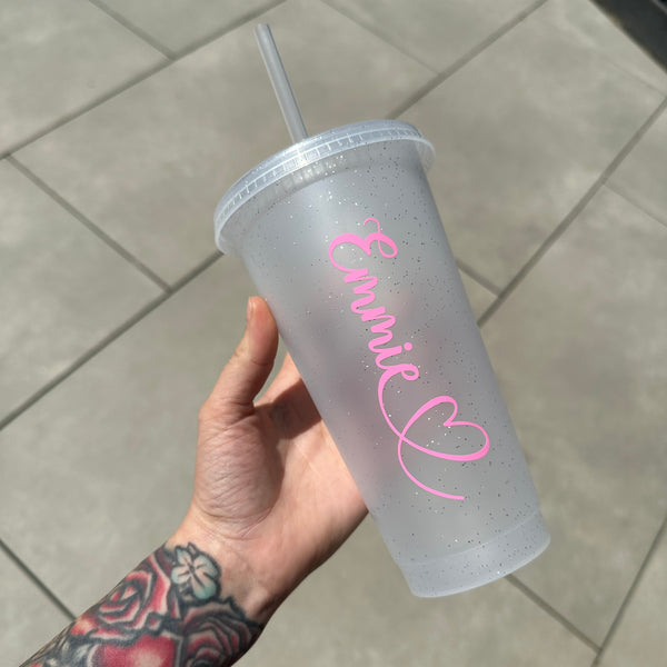 Personalised Name Heart Tumbler Venti Cold Cup 24oz - With Straw (Name Colour Can Be Chosen)
