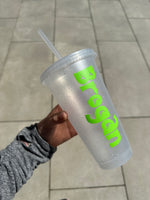 Personalised Name Dino Tumbler Venti Cold Cup 24oz - With Straw (Name Colour Can Be Chosen)