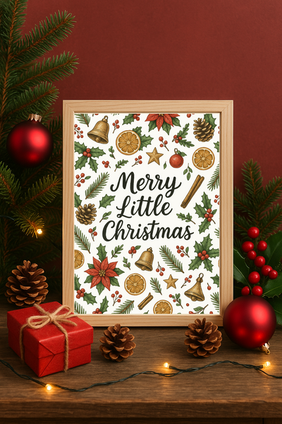 Merry Little Christmas Wall Art – Festive Holly, Poinsettia & Ornaments Print