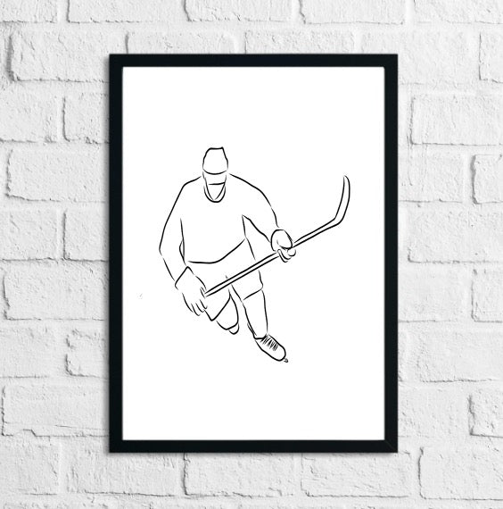 Ice Hockey Player Skating with Puck Vector Silhouette Home Decor Print Front View