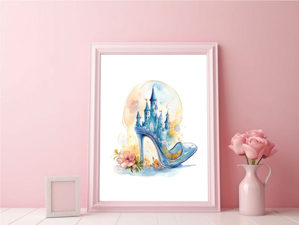 Princess Glass Shoe & Castle Fairytale Children's Bedroom Room Wall Decor Print