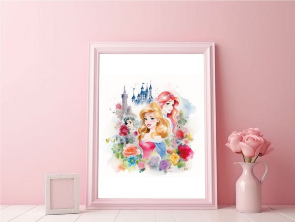 Three Princesses Floral Castle Watercolour Fairytale Children's Bedroom Room Wall Decor Print
