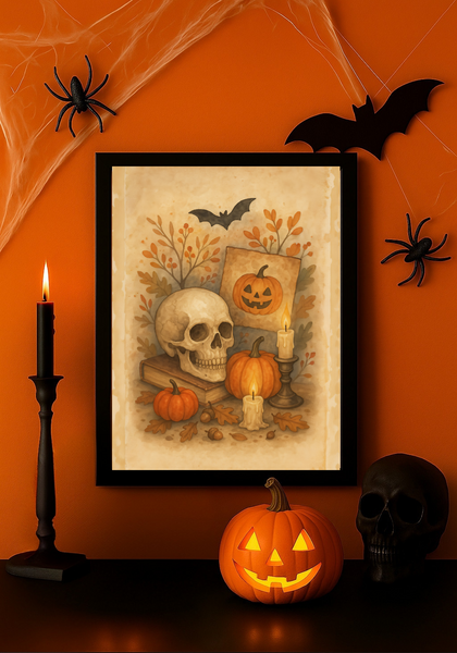 Pumpkins & Skull Halloween Wall Art – Vintage Spooky Fall Print Décor