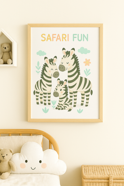 Safari Fun Zebra Family – Neutral Nursery Wall Art Print