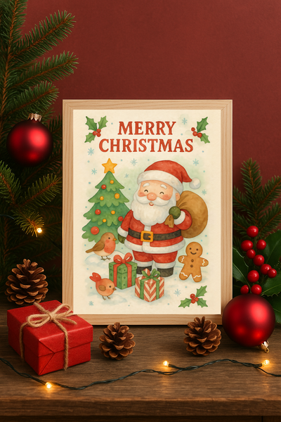 Santa & Christmas Tree Wall Art – Merry Christmas Holiday Print with Gifts & Robins