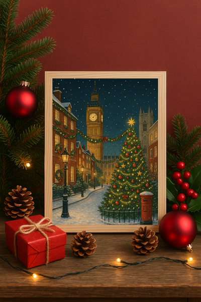 London Christmas Street Wall Art – Big Ben Holiday Tree Print