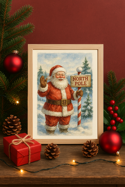Santa at the North Pole Wall Art – Classic Christmas Holiday Print