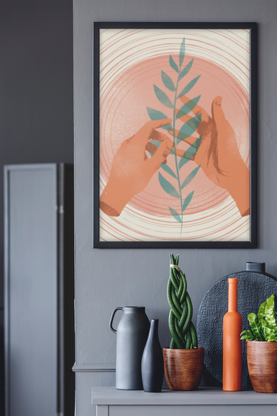 Two Hands Holding Leaf Boho Minimalist Illustration Home Wall Decor Print