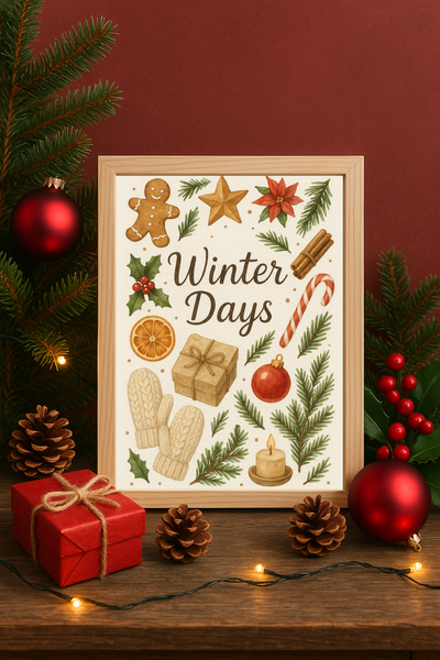 Winter Days Wall Art – Cozy Holiday Print with Mittens, Gingerbread & Seasonal Decor