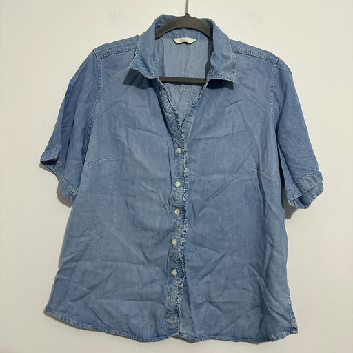 M&S Ladies Top  Button-Up Blue Size 18 LYOCELL  Short Sleeve   Denim Look