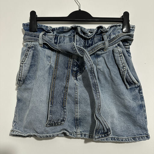 River Island Blue Mini Skirt Size 10 100% Cotton Denim Belted Stretch Waist