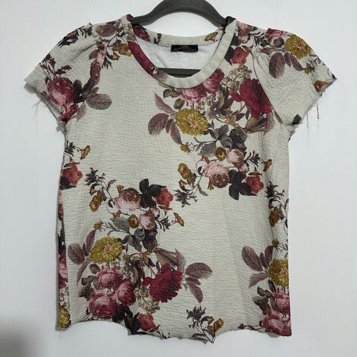 Zara Ladies Ivory T-Shirt Size M Medium Short Sleeve Floral Cotton Blend