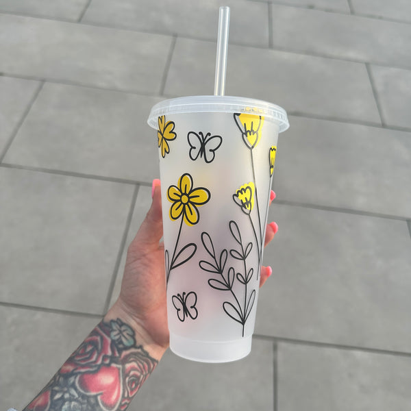Yellow Floral Line Work Tumbler Venti Cold Cup 24oz - With Straw