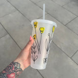 Yellow Floral Line Work Tumbler Venti Cold Cup 24oz - With Straw