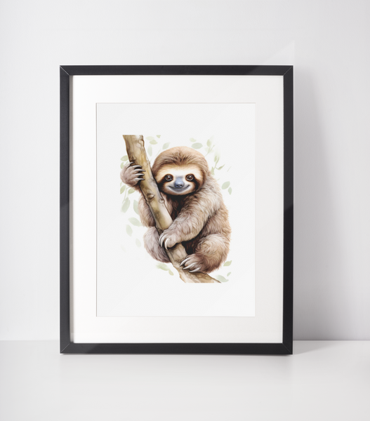 Baby Sloth On Branch Greenery Animal Nursery Children's Room Wall Decor Print