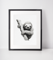 Black & White Sloth On Branch Animal Nursery Children's Room Wall Decor Print