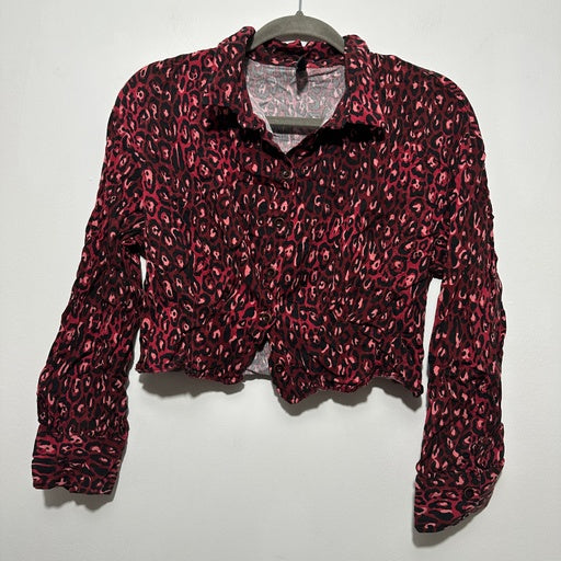 Zara Ladies Button-Up Top  Red Size S Small Viscose Long Sleeve Animal Print Cro